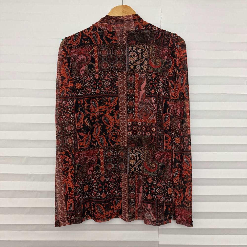 Jane + Delancey‎ Red Patchwork Paisley Mock Neck Mesh Lined Boho Top Large - Picture 3 of 8